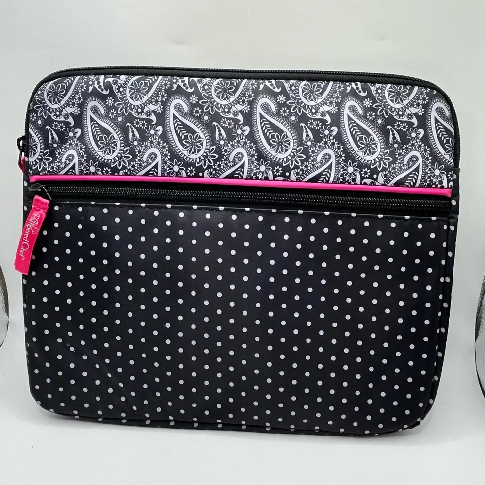 Pampered Chef Tablet/IPad Case Padded Black White Pink Paisley Polka Dot ~ EUC